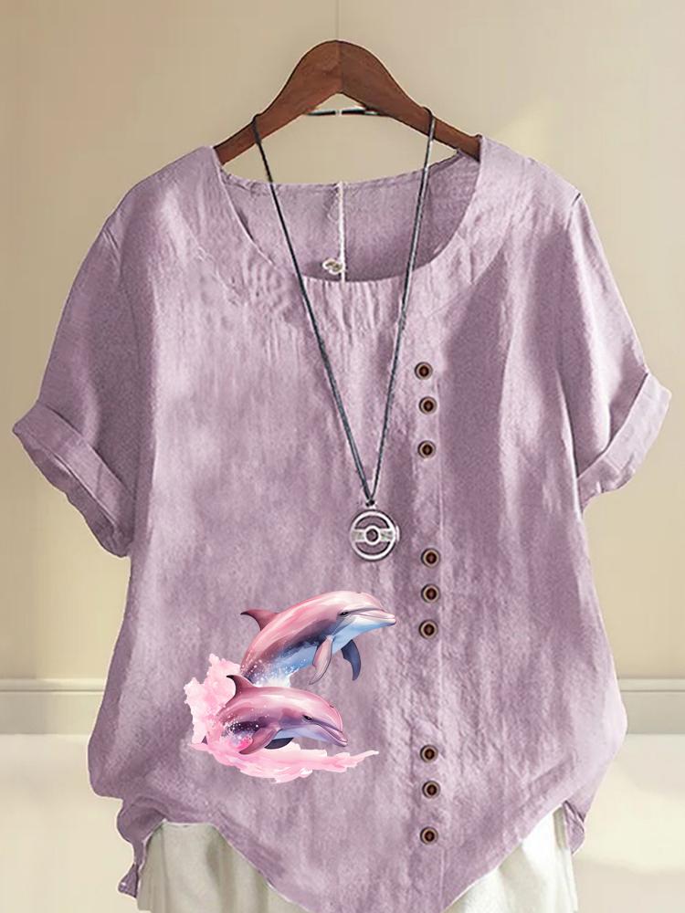 Women's Fashion Couple Dolphin Print Round Neck Short Sleeve T-shirt Summer Casual Cotton Linen Graphic Shirt Leisure Loose Blouse Tops