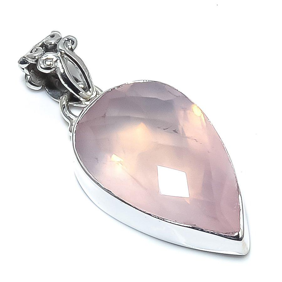 Natural Rose Quartz Gemstone 925 Solid Sterling Silver Gift Pendant 1.42" O2s24