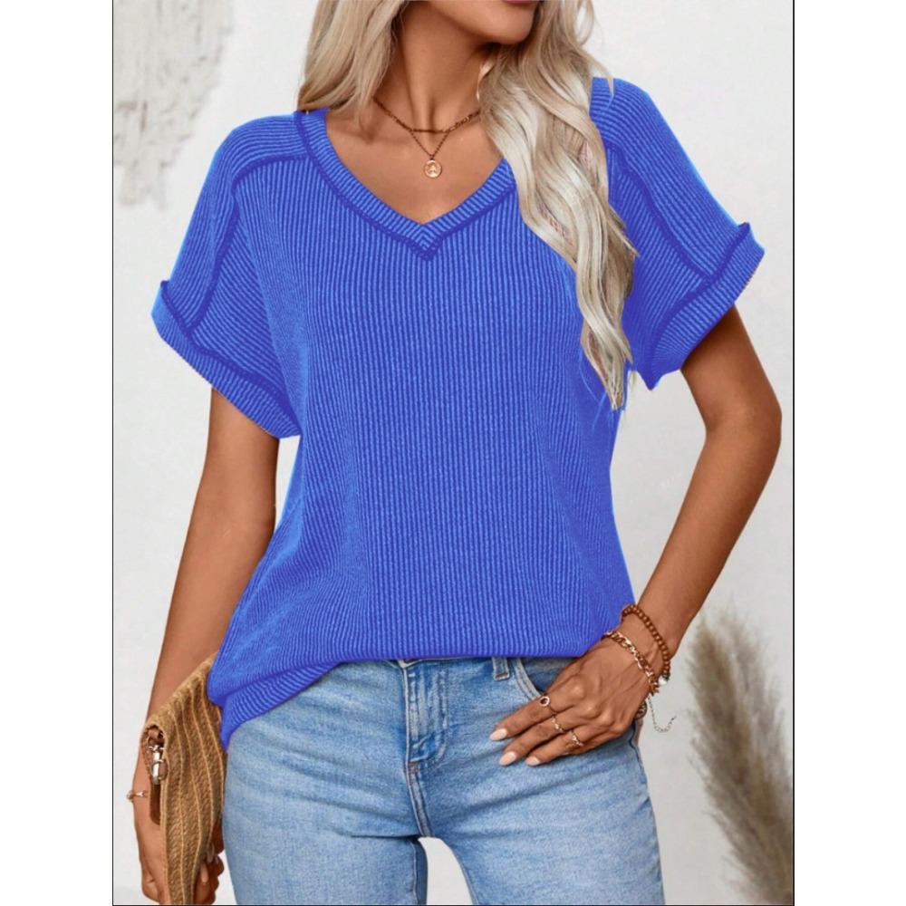 GMXIA Spring Summer Fashion Two-color Twist Short Sleeve V-neck Top T-shirt for Women
