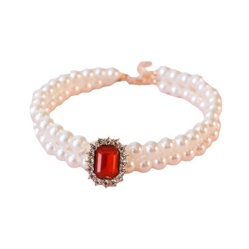 Pet Collar Cat Dog Pearl Necklace Double Stacked Premium Protein Gem Set with Rhinestones
