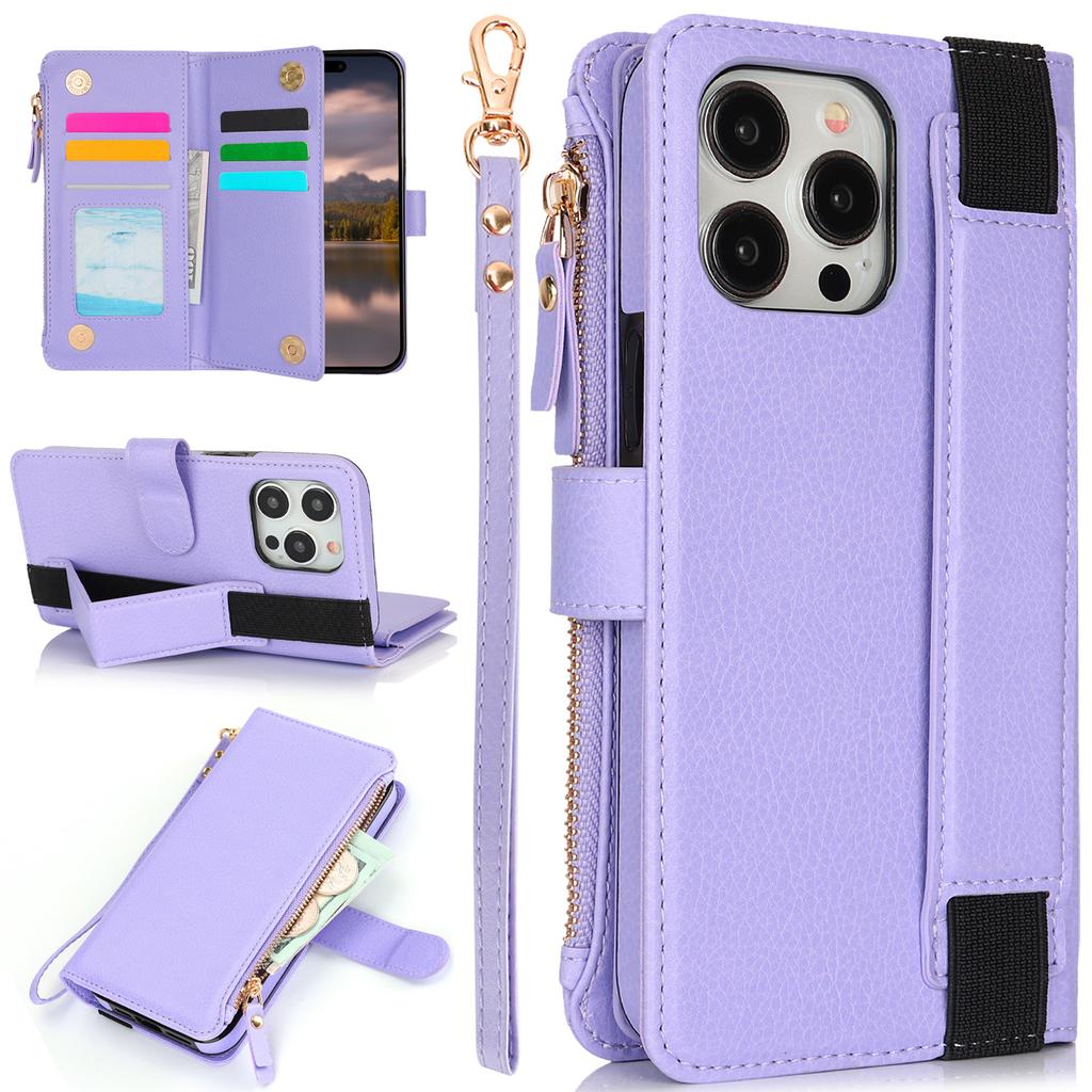 XL-001 For iPhone 15 Pro Case Zipper Pocket Wristband Stand Leather Phone Cover