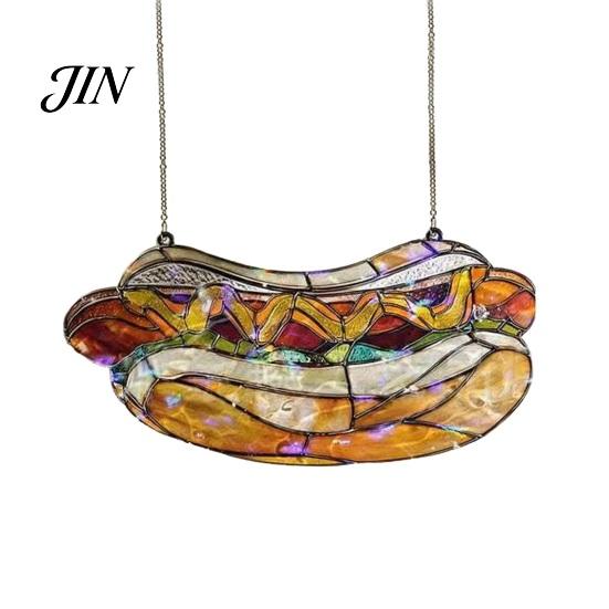 Lightweight Window Ornaments Hot Dog Stained Glass Acrylic Suncatcher, Colorful Retro Hanging Ornament with Modern Shop Soft Furnishings Metal Chain,