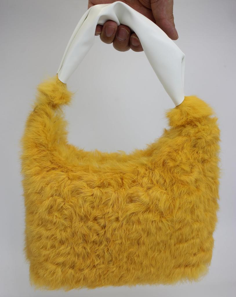 Fosrion Genuine Rabbit Fur Mini Handbag – Curly Karakul Design Women's Fur Bag, Available In 5 Colors (Mustard)