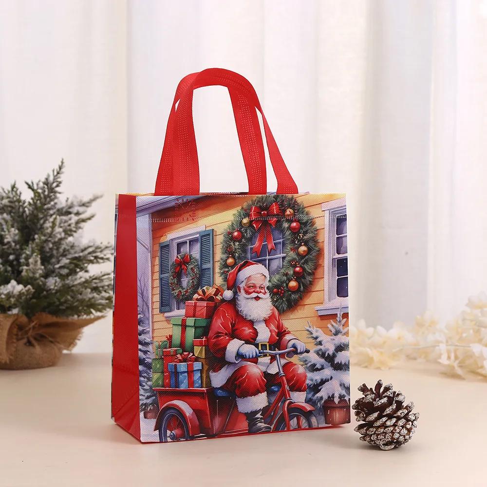 6Pcs Christmas Reusable Tote Bags Non-Woven Holiday Gift Bags Handles Santa Claus Tote Bag Christmas Decorations for Home
