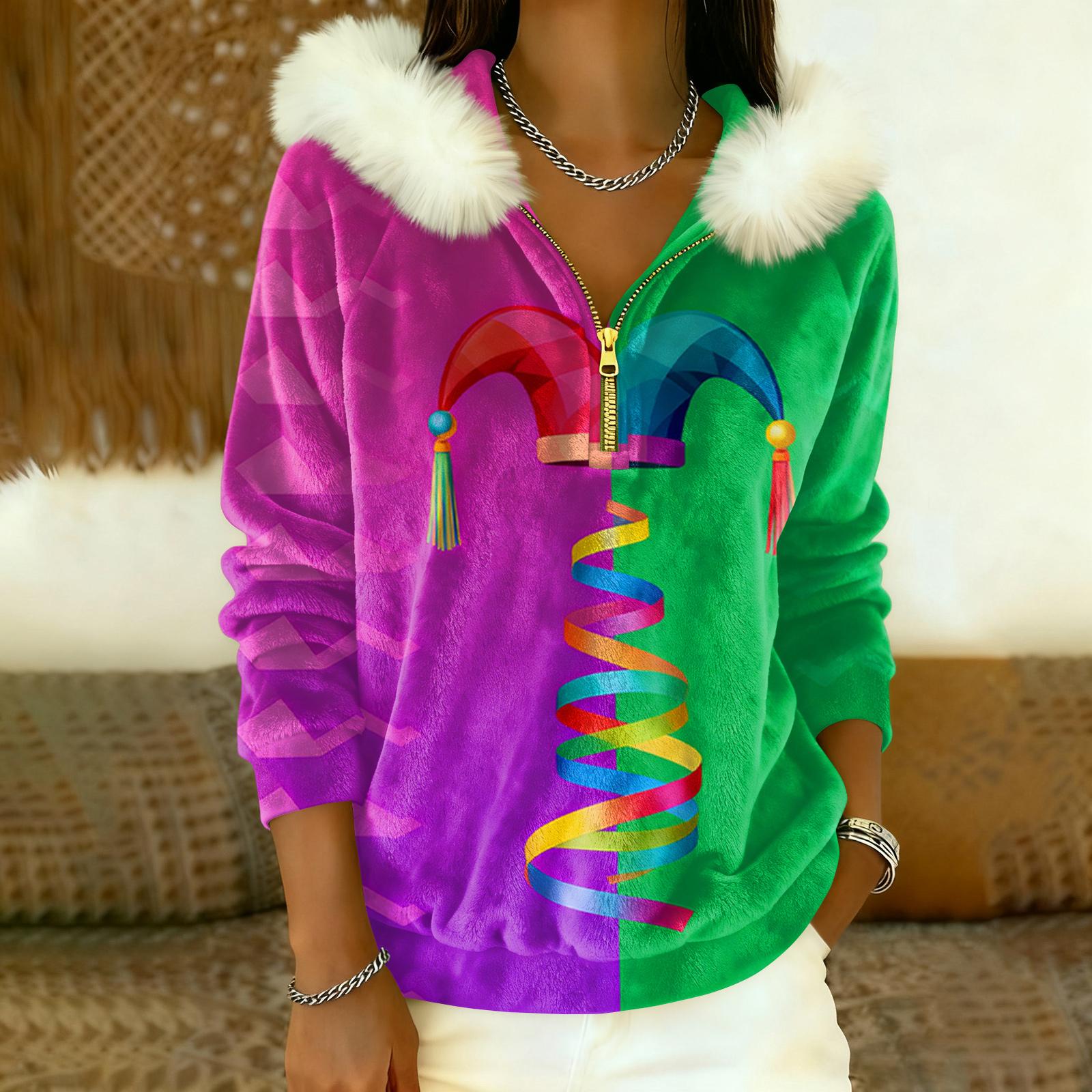 

Женский свободный и удобный повседневный модный топ с капюшоном, длинными рукавами и принтом «Карнавал» на молнии до середины. S