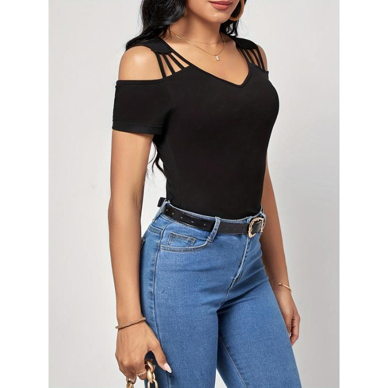Summer New Fashionable Off-shoulder Solid Color Sexy V-neck T-shirt Slim Pullover Top