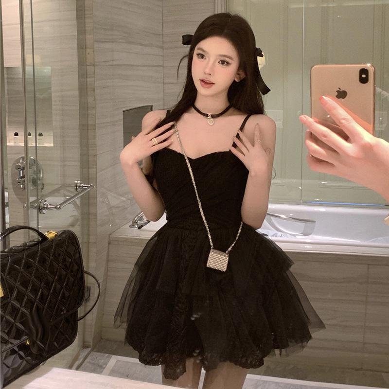 

Женское темное милое и прохладное сетчатое платье, тонкая юбка-пачка L чёрный