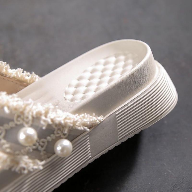Women Solid Color Pearl Slippers Ladies Middle Heel Anti-slip Soft-sole Comfortable Thick Bottom Beach Sandals Footwears