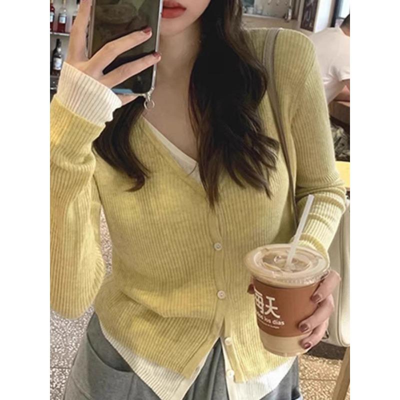 

Нежный ветер v-образный вырез кардиган вязаный женский весенний новый дизайн нишевый внешний шик топ one size fits all жёлтый