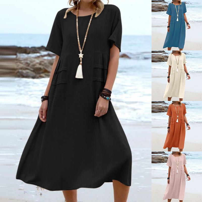 Rochie de vară pentru femei din bumbac și in, culoare solidă, cu mânecă scurtă, cu gât rotund, cu buzunar, ocazional, largi, fustă de plajă, vacanță