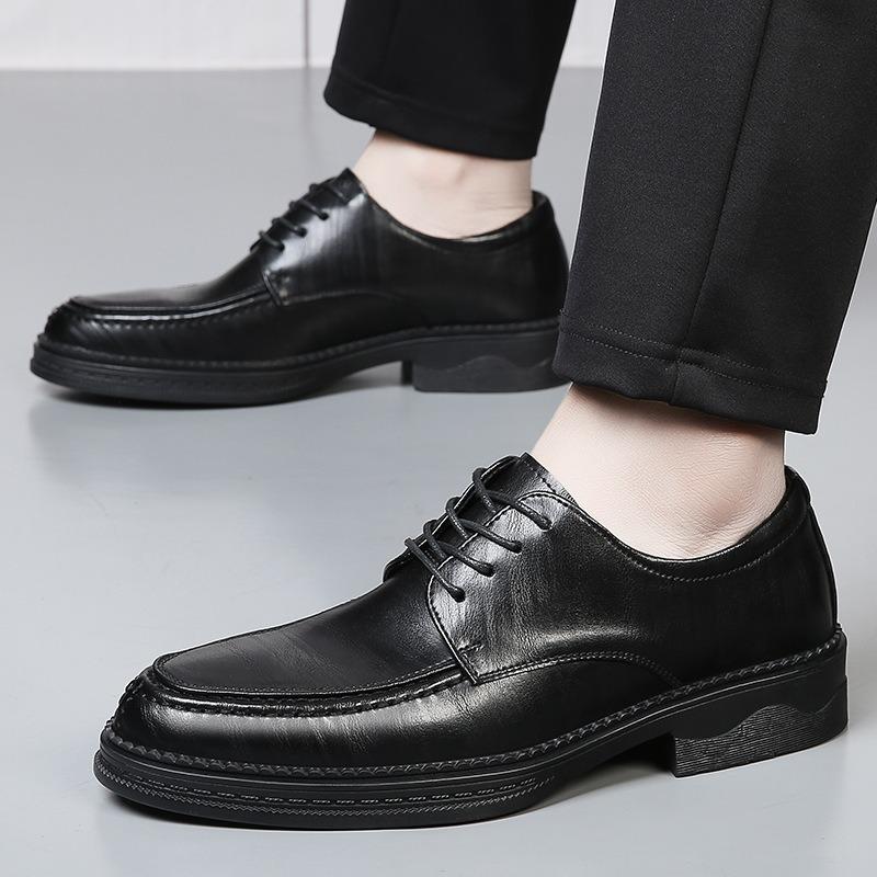 Leather Shoes Men's Spring Business Dress High-end Sense Casual Commuting Leather Soft Sole Black Men's Wedding Groom Shoes