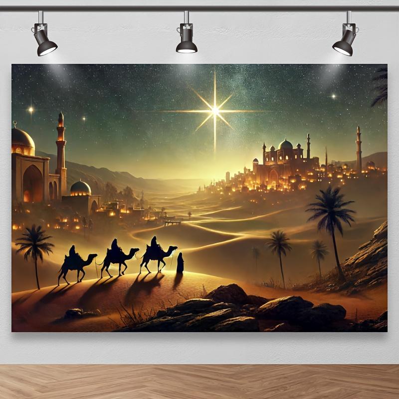 Arabian Nights Starry Desert Scene Background, featuring camels, stars, and moonlit sky | Arabian Nights Atmosphere (as the picture,100x150cm)