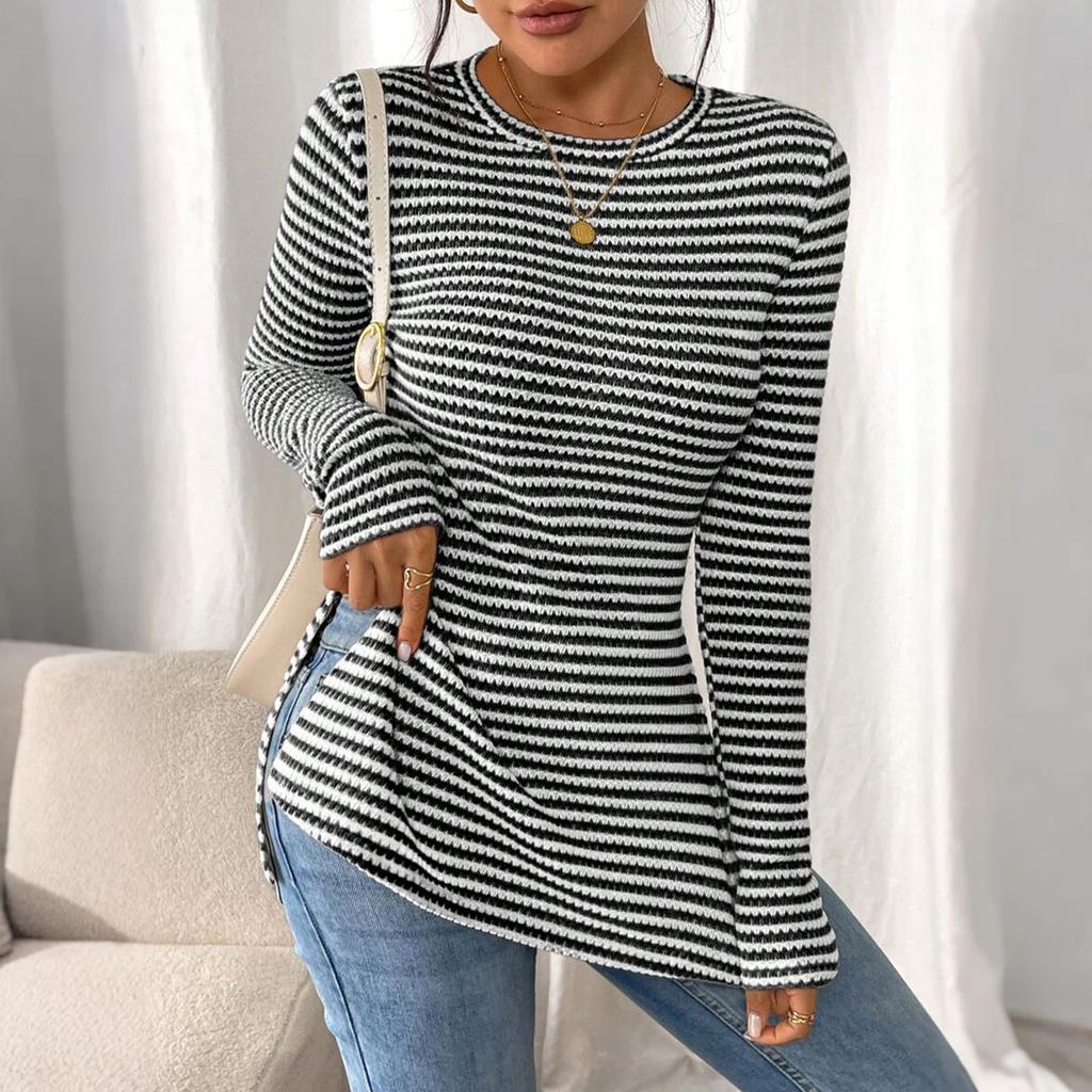 Women's Fashion Round Neck Slit Long Sleeve Color Top