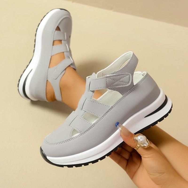 Women’s Breathable Cutout Wedge Sneakers, Thick Sole, Velcro Strap, Hidden Heel, Casual Summer Wear