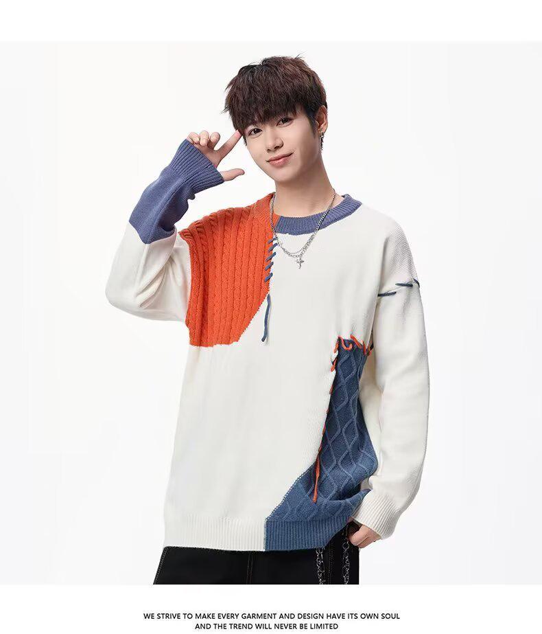 Men's Patchwork Color Block Sweater - Winter Casual Loose Fit Knitwear with Personality Design