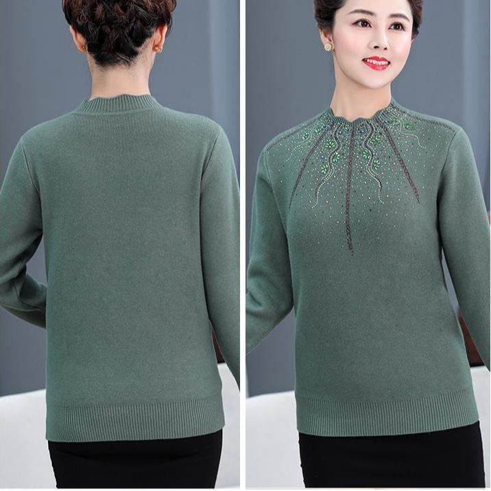 Women's Plus Size Sweater Winter Half-Turtleneck Solid Color Rhinestone Knit Pullover Sweater
