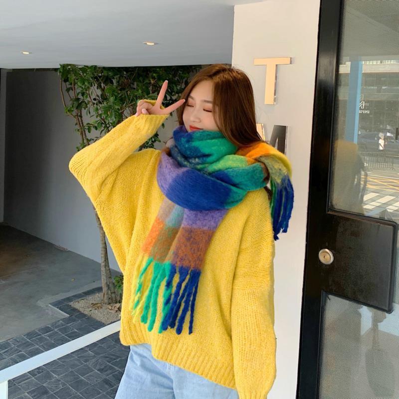 Damen Herbst & Winter Koreanischer Stil Regenbogen Karomuster Dickes Warmes Schal