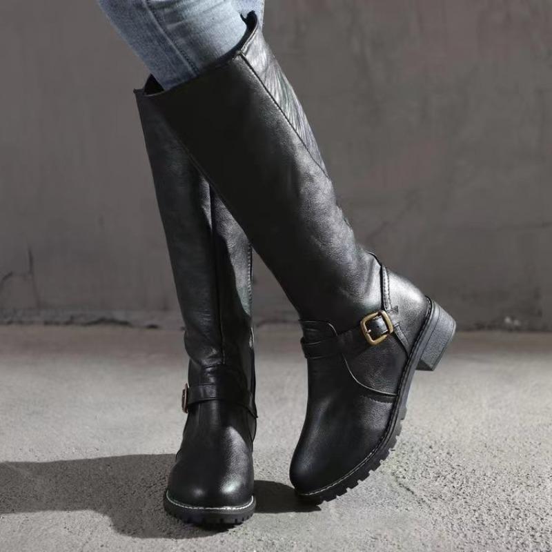 Vintage Belt Buckle Plus Size Low-heeled Knight Boots Women's 2025 Winter New High Boots