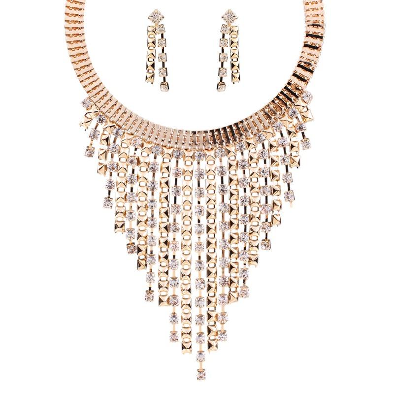Stylish Multi-layer Fringed Diamond Necklace Earrings Collar Jewelry