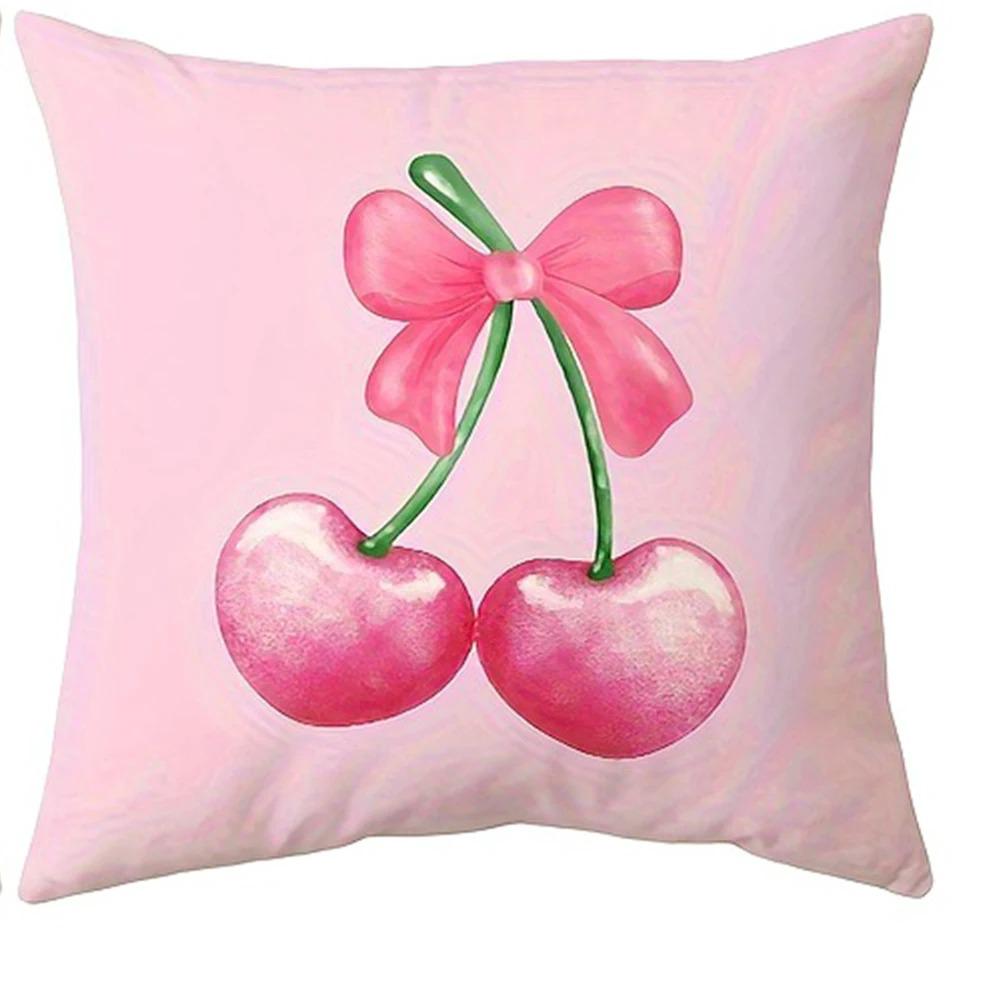 Pink Bow Cherry Blossom Printed Pillowcase Sweet Cute Style Soft Cotton Fabric Breathable For Bedroom Decor Girl'S Room Aestheti