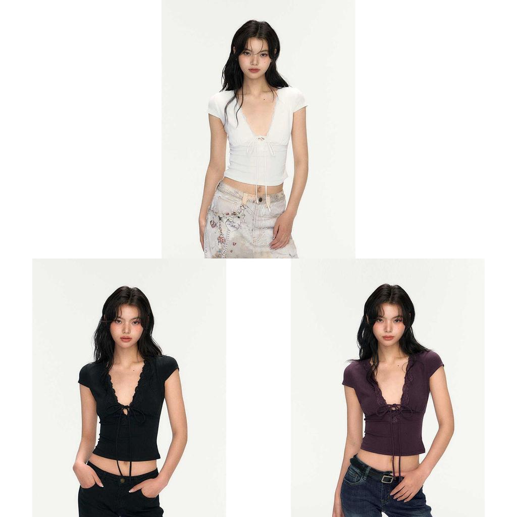 Sexy Black V Neck T Shirt For Women Summer Short Sleeve Slim Fit Casual Top