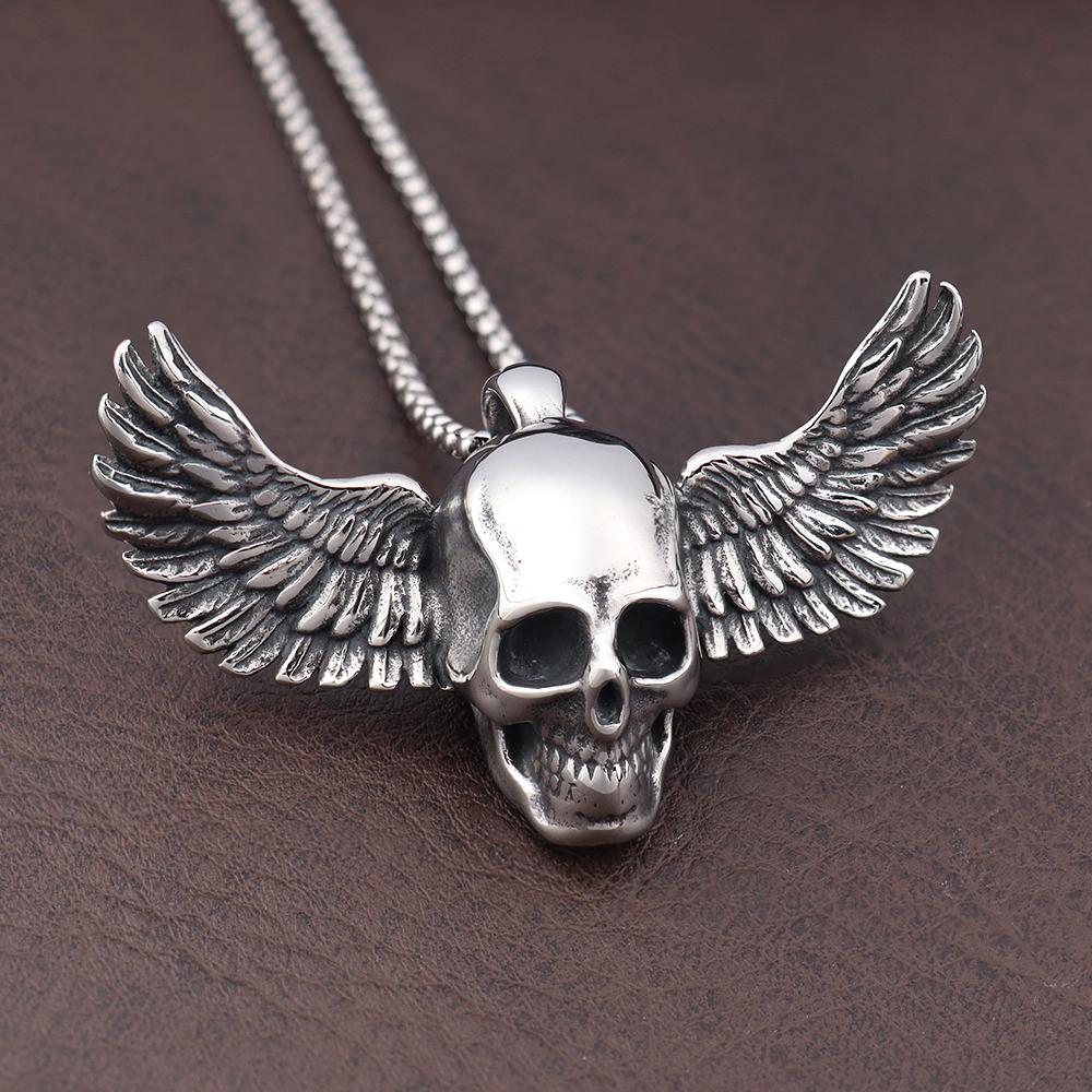 Fallen Angel Skull Pendant Necklace Men's Stainless Steel Gothic Biker Jewelry Adjustable Chain Gift Halloween Party Accessories