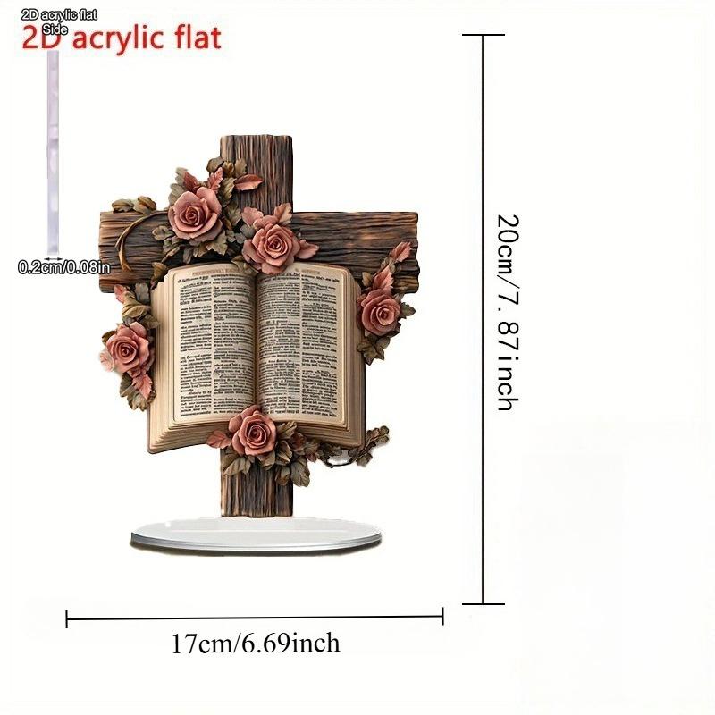 2D Flat, Cross Rose Bookshelf Acrylic Desktop Decoration, with Base, Suitable for Wall Decoration, Porch, Room, Villa, Accents Home, Hallway, or Workp