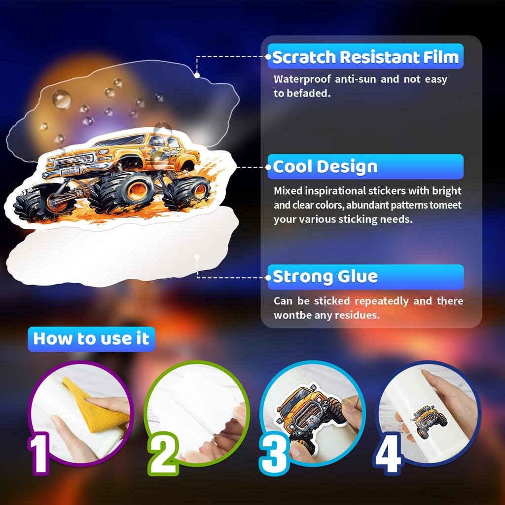 50 Adesivos de Monster Truck Carro de Desenho Animado Caminhão Bicicleta Grande Transporte Doodle Adesivos Legais