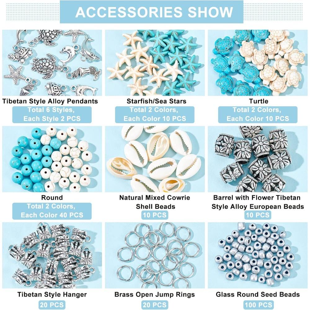 Κιτ Κατασκευής Κοσμημάτων Ωκεανού 292 τεμ. Καλοκαιρινές Χάντρες και Μενταγιόν Παραλίας με Χελώνα, Γοργόνα, Δελφίνι, Αστερία, Κράμα, Θαλάσσια Μενταγιόν για Κατασκευή Βραχιολιού Ποδιού