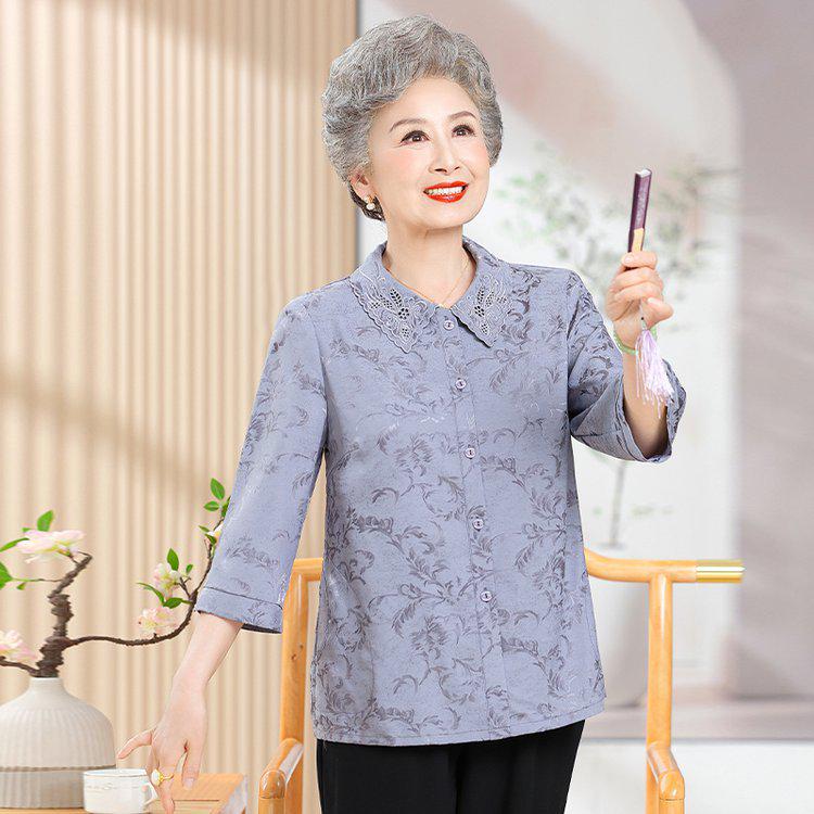 

Elegant Plus Size Summer Shirt for Middle-Aged & Elderly Women, 3/4 Sleeves, Printed Top for Mothers 4XL синий