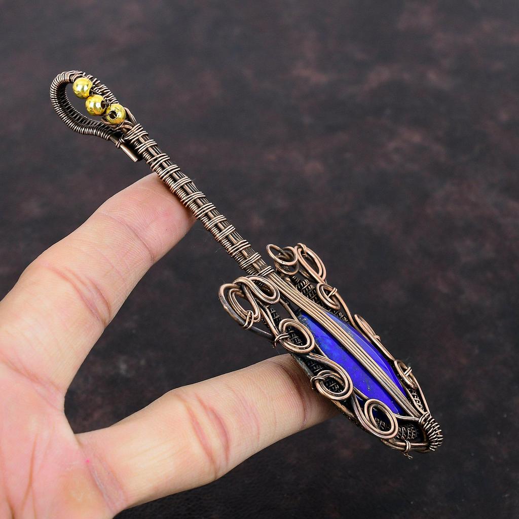 Lapislazuli Anhänger Kupferdraht umwickelter Anhänger Handgefertigter Anhänger Natursteinanhänger Schöner Kupferschmuck Gitarrenanhänger zum Geschenk