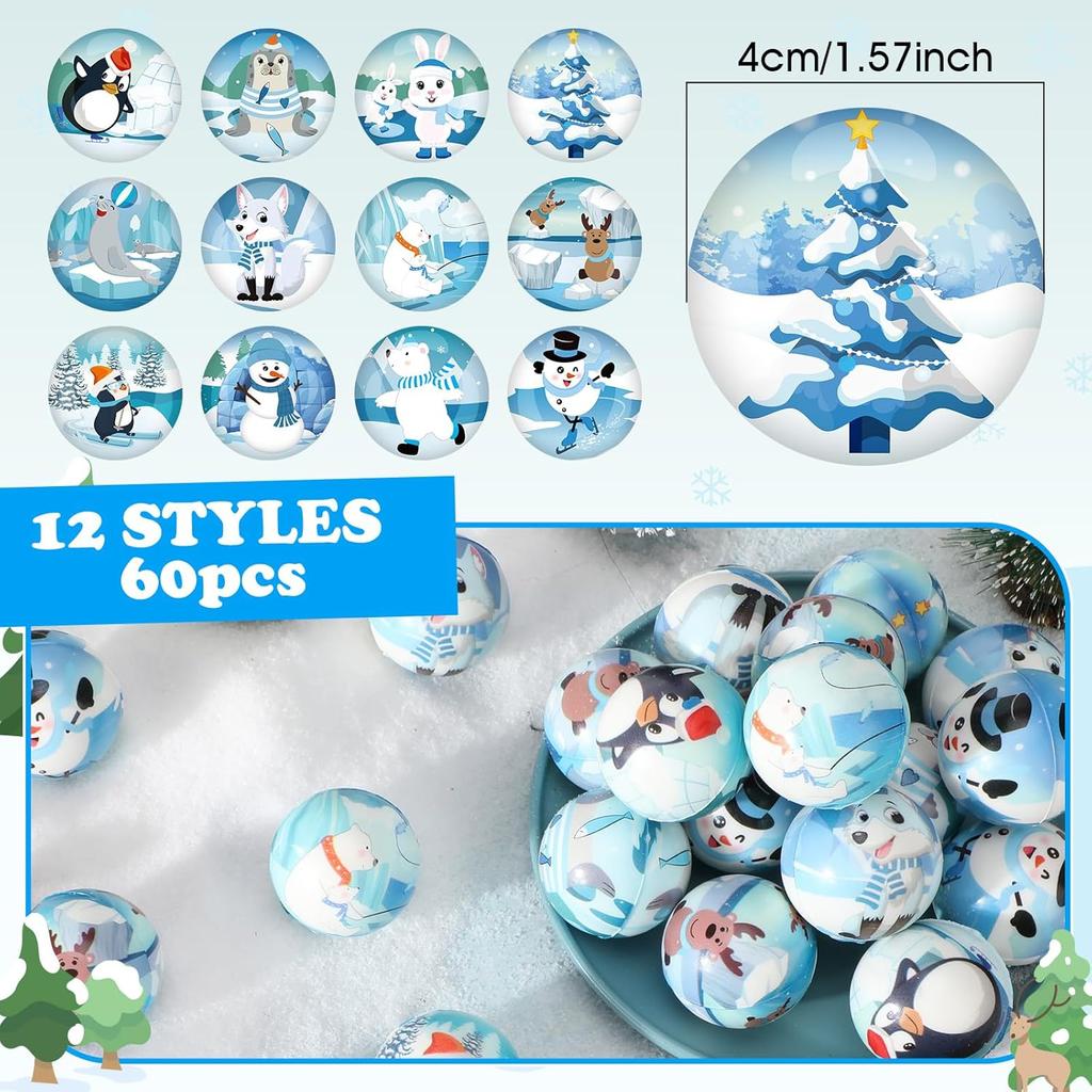 Liliful 60 Pcs Bulk Winter Stress Ball Snowman Penguin Stress Toys 12 Patterns Cute Sensory Stress Relief Toys Winter Holiday Party Favors Bag Filler