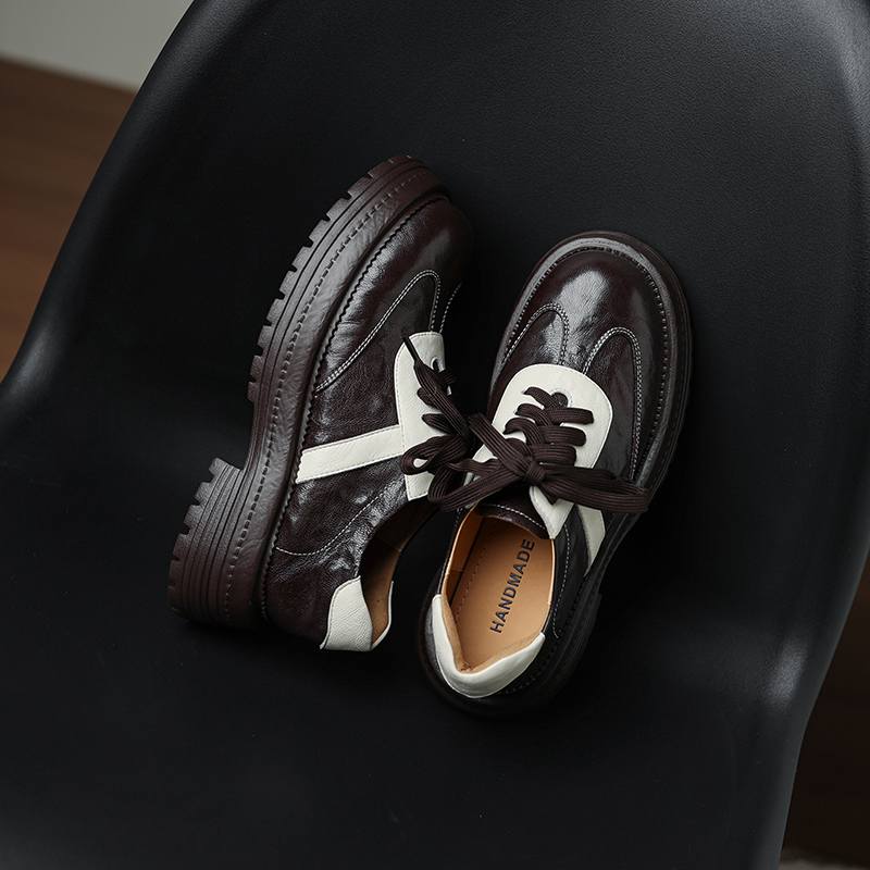 Krazing Pot Sheepskin Round Toe Med Heels Slip on Spring Autumn Shoes Big Size 41 Lace Up Mixed Color Oxford Women Pumps