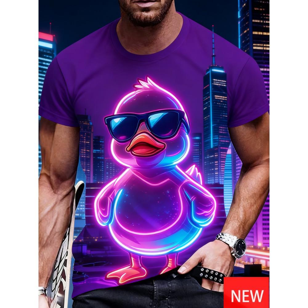 Men's Fun Beach Shirt Summer Vacation Fashionable Duck And Tropical Palm Tree Pattern Tshirt Casual Short Sleeve Oversized Tees