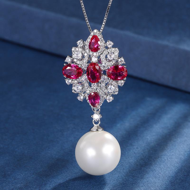 Inlaid white rhombus oval blue diamond zircon pearl pendant necklace simple retro personalized necklace