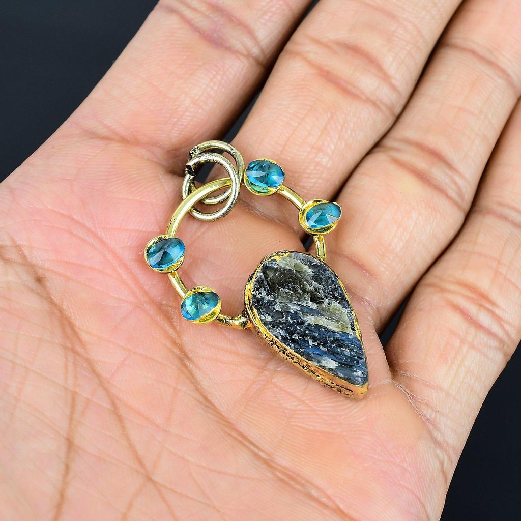 Neonblauer Apatit Edelstein Anhänger Kupfer Elektrogeformter Schmuck, Handgefertigter Antiker Anhänger Schmuck, Geschenk für Mutter