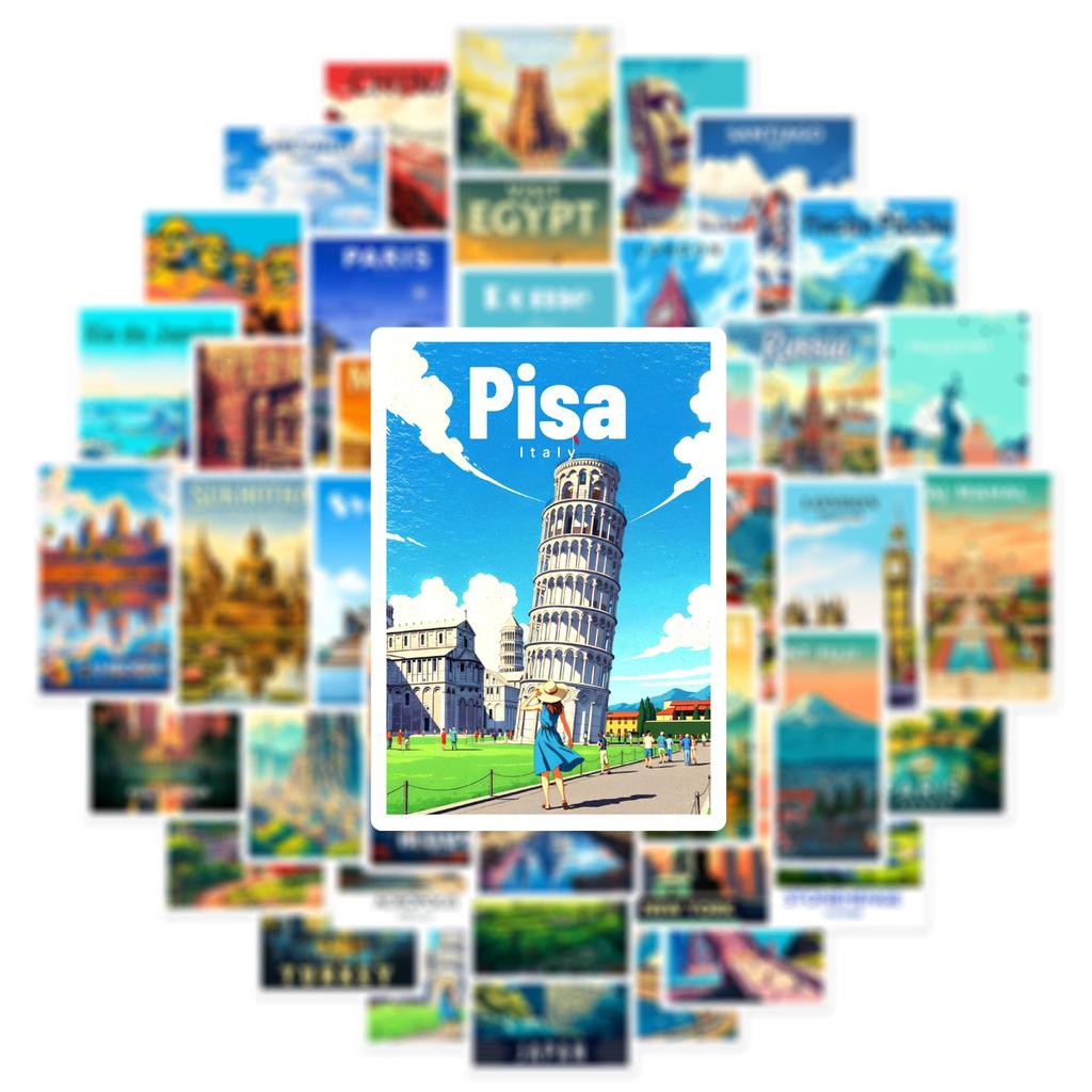50Pcs/Set Famous City Landmarks Mini Poster Stickers DIY Fashion Waterproof Doodle Decals Stickers (2 Styles)