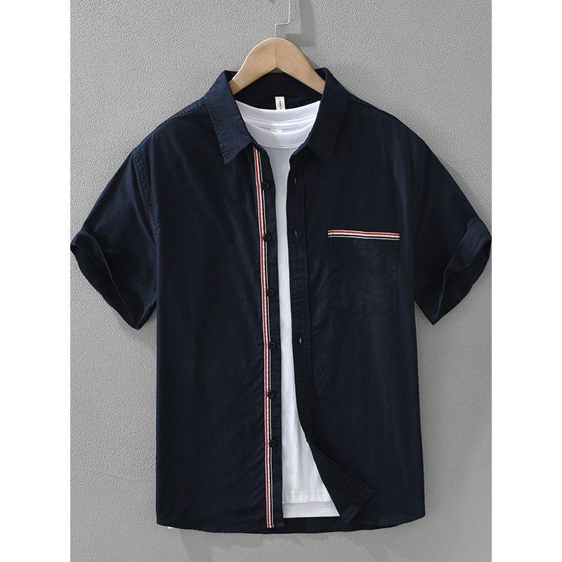 Summer Hong Kong TB Style Ribbon Pu Shuai Short Sleeve Shirts Men's Clothing Tokyo Fashion Brand Casual Shirt Pure Cotton Oxford New