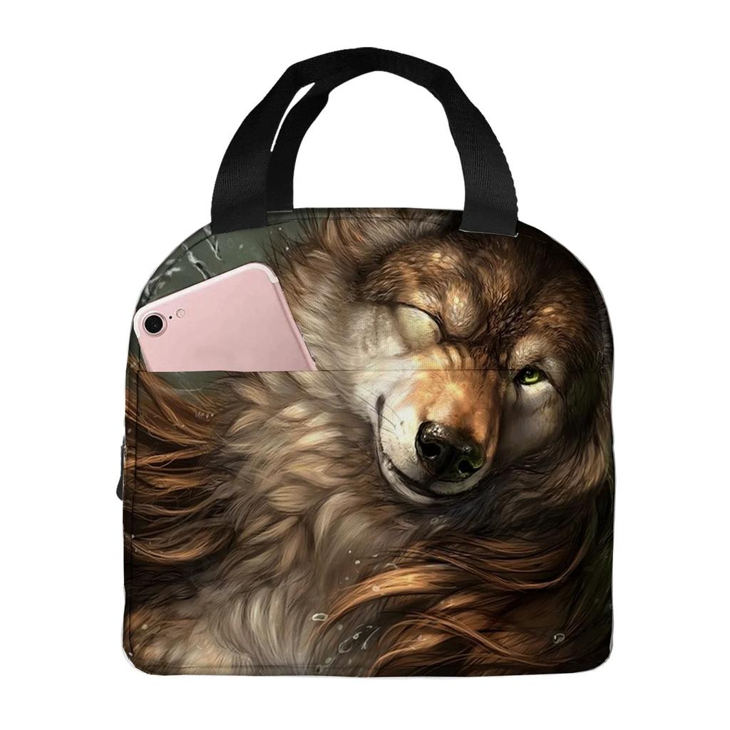wolf angry animal  Portable Aluminum Foil Thickened Insulated Office Lunch Bag Waterproof Lunchs Bags Tote Bags