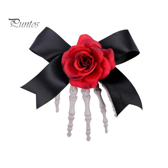 Halloween Hair Pin Skeleton Hand Frame Artificial Rose Flower Bow Decoration Hair Clip Dark Horror Style Hairpin