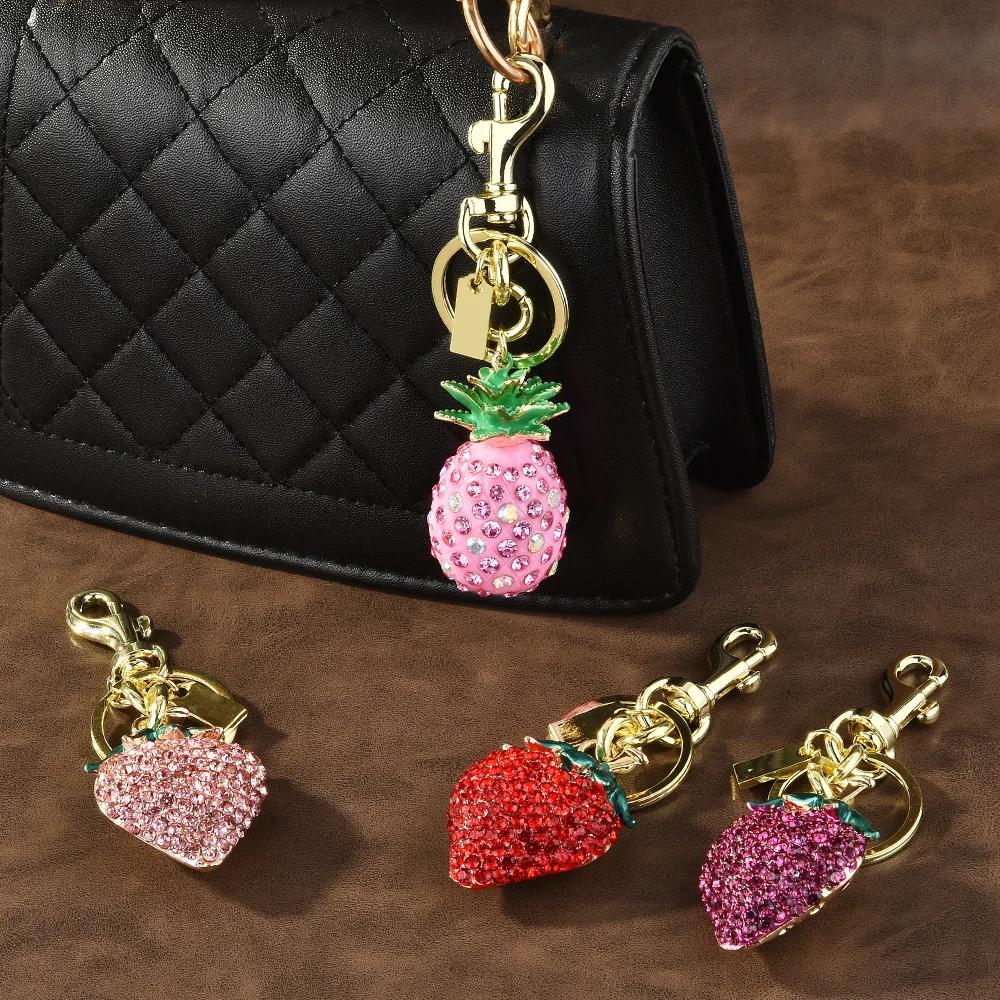 Metal Key Chain, Three-dimensional Fruit Bag Key Chain, Diamond-inlaid Strawberry Pendant
