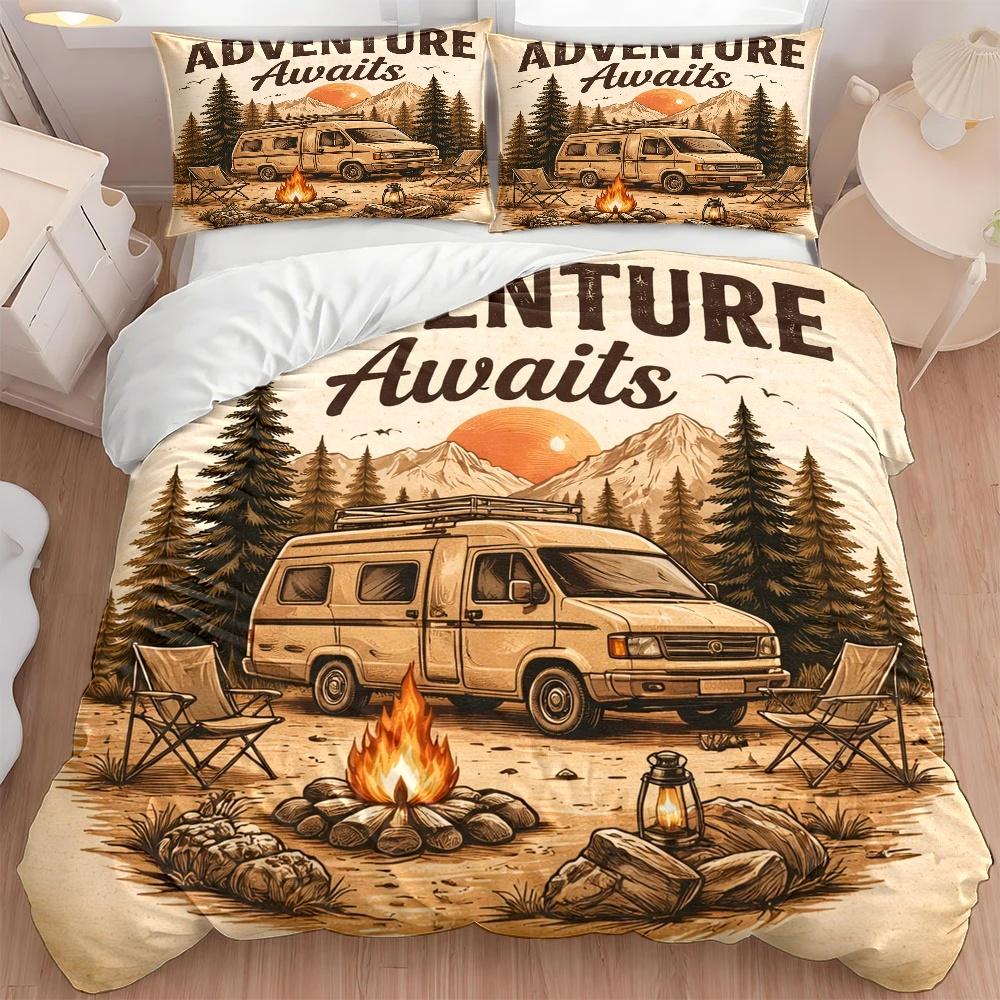 3Pc Adventure Awaits Camping-Themed Duvet Cover Set, Three-Piece Bedding Set Suitable for All Seasons, Machine Washable