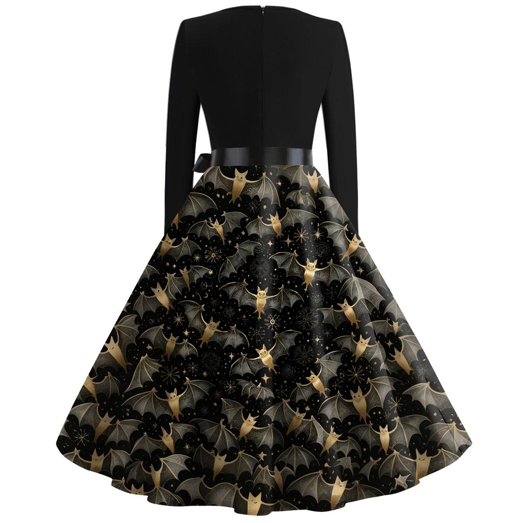Women's Casual Fashion Long Sleeve Halloween Graphic Printed Vintage Long Dresses