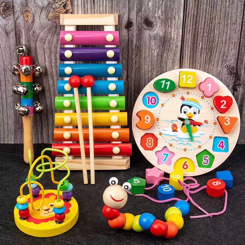 Early Education Educational Toys Children'S Small Round Beads Eight-Tone Piano Alarm Clock Children'S Playing Set Wooden Baby Montessori Infant