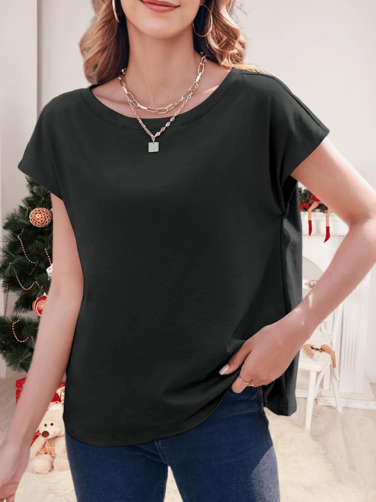 Women's Boat Neck Cap Sleeve Top Loose Fit Lightweight Basic Casual Tee