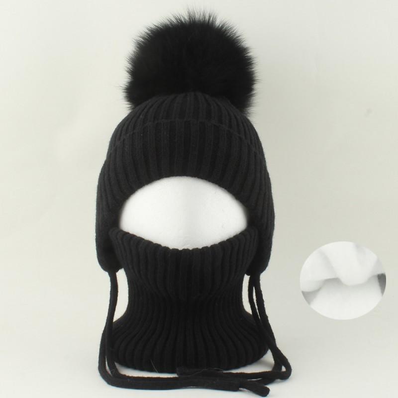 Kids Warm Knitted Hat With Faux Raccoon Fur Pom Matching Scarf Set Winter Cap Boys Girls