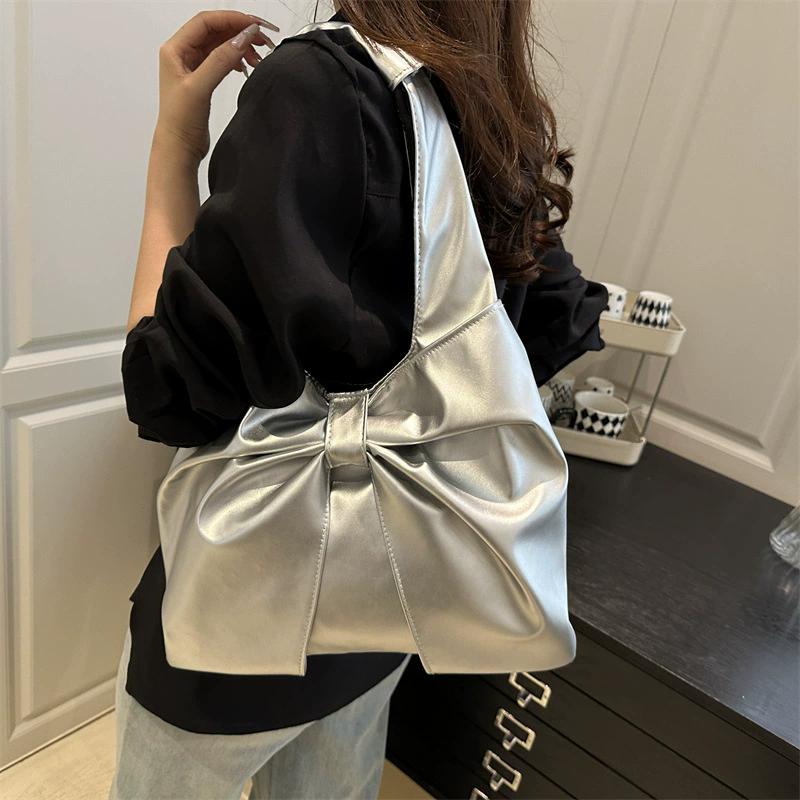 Casual Shoulder Bag for Women New Sweet and Simple Underarm Bag Bow Design Large Capacity Handbag