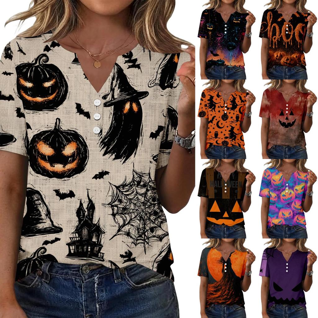 Women Casual Halloween Print V Neck Short Sleeve Button T Shirt Lightweight Soft Fabric Relaxed Fit Top for Everyday Wear