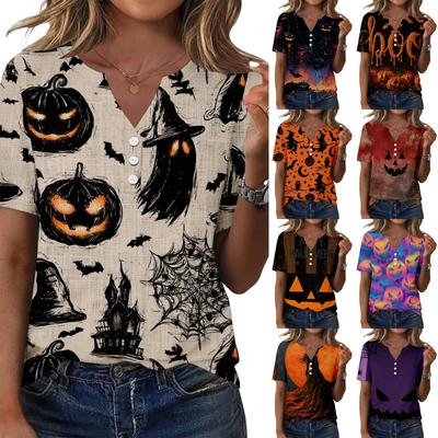 Women Casual Halloween Print V Neck Short Sleeve Button T Shirt Lightweight Soft Fabric Relaxed Fit Top for Everyday Wear