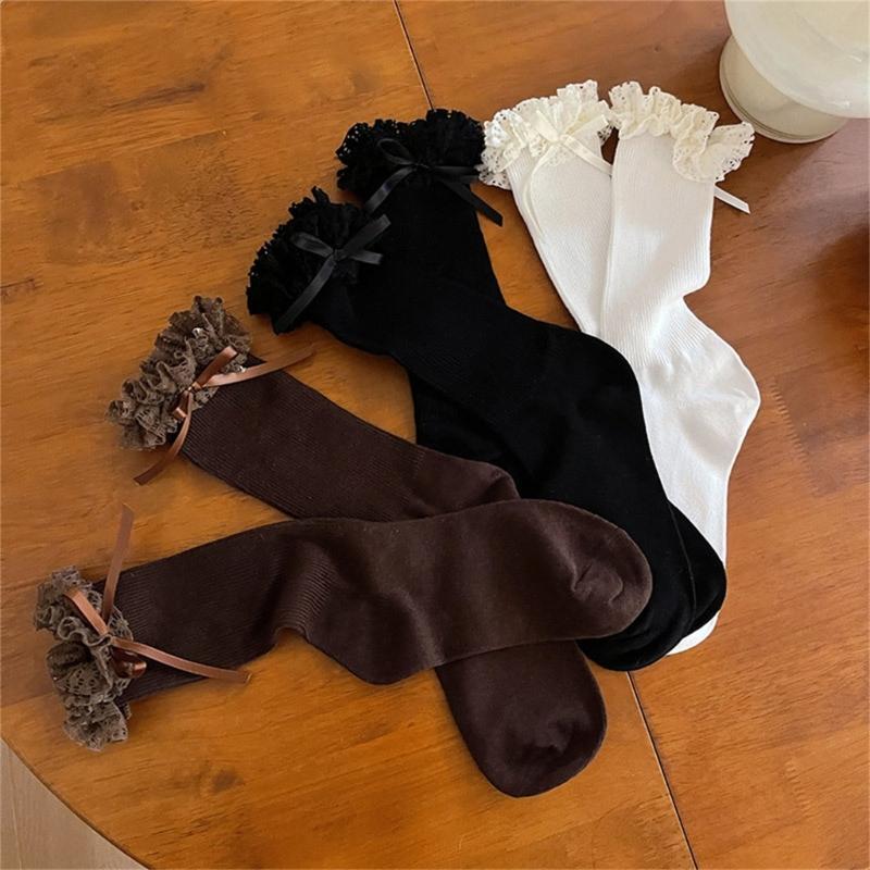 1 Pair Ruffle Ankle Socks Sweet Frilly Socks Ballet Socks for Girls with Bows Lace Top Sock Princess Style Dress Socks